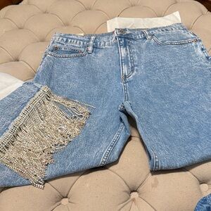 Alice + Olivia Light Blue Jeans with Crystal Fringe